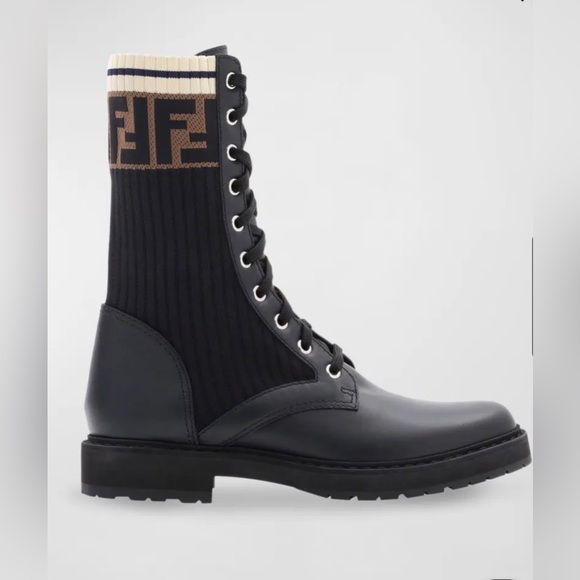Fendi Black Leather Combat Boots with FF Cuff Size 38  fendi rockoko boots - Picture 4 of 8